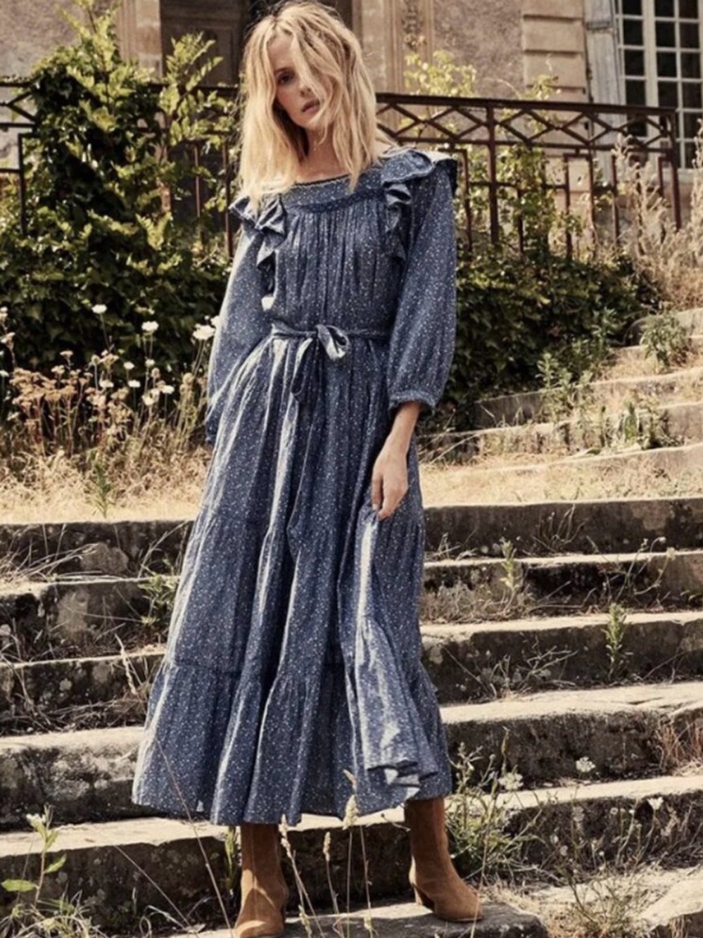 Doen gables medium Dusty Blue Ruffled Tiered Midi Dress